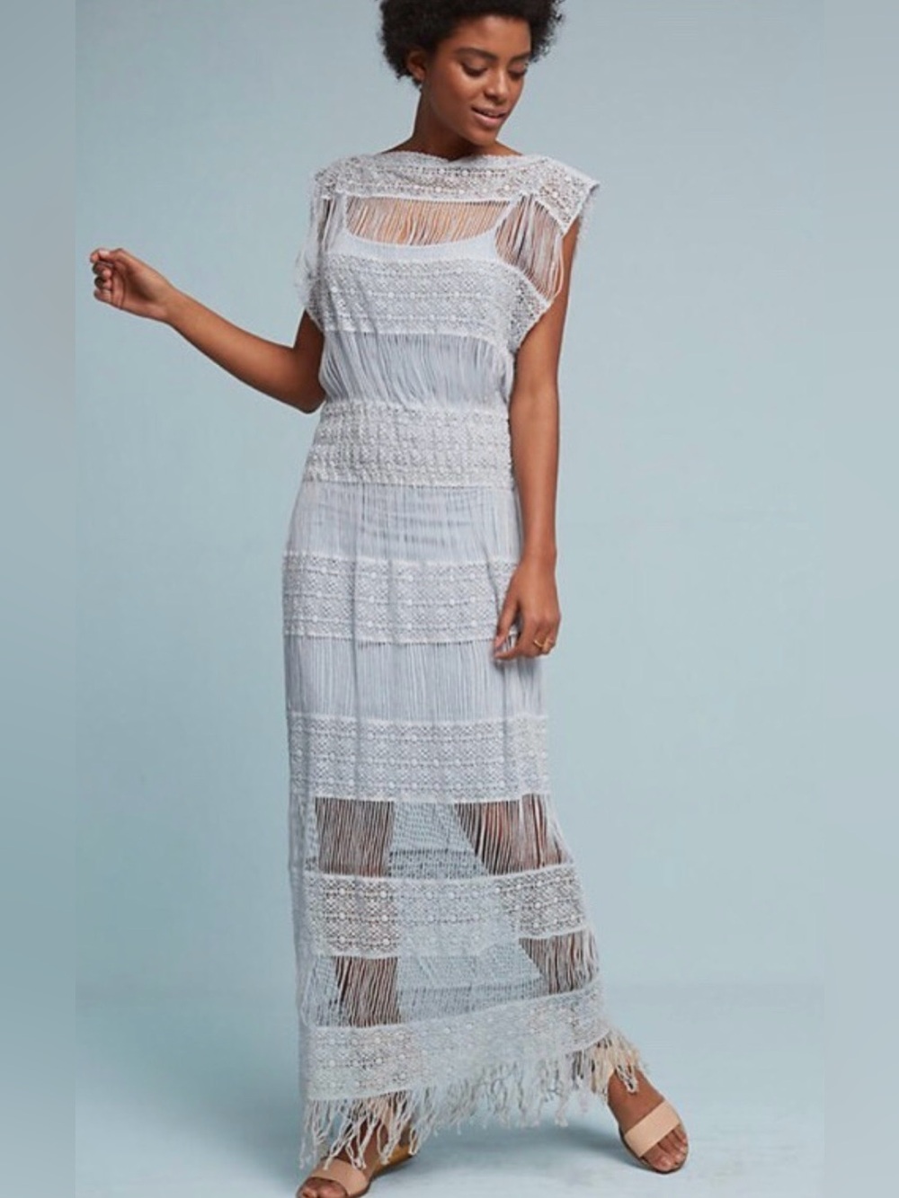 Callahan Sheer Fringe Lace Maxi Dress in Light Gray S